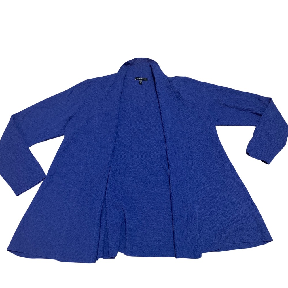 Eileen Fisher Women's L Periwinkle 100% Wool Crepe Knit Open Cardigan Sweater